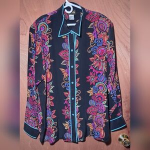 Bob Mackie Black Blouse with Pink, Purple, Orange & Turquoise Accents Sz 2x